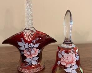 Westmoreland Cranberry and crystal bell and basket, hand painted