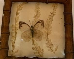 Resin trivet with actual butterfly and leaves pressed in
