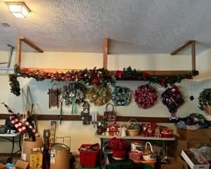 Holiday decor, flags, ornaments, wreaths