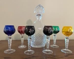 Natchmann Bohemian cut Hand Painted Crystal cordial glasses with crystal decanter. Impossible to find as a set with the decanter. 