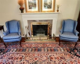 Lot 18 - Pair of Charles Stewart Co. Blue Upholstered Wingback Armchairs