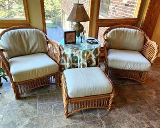 Lot 44 - Pair of Benchcraft Rattan Armchairs & Ottoman + Skirted Table