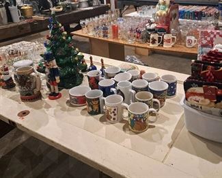 Christmas mugs and tree, Christmas linens