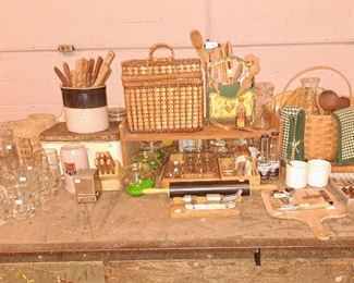Full picnic basaket, wooden kitchen tools, glassware, marble rolling pin, Weck storage glasses, baskets, knives and more. 