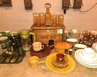 Vintage percolator, bread box, more corel ware, restaurant serving size baking dish, vintage plates.