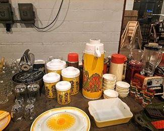 Vintage thermoses, blender and mixer.  Fun 1970's storage containers. Quality US made ramekins and other oven ware. 