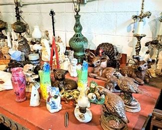 Whimsical ceramic  animals and forms, different shapes and sizes. 