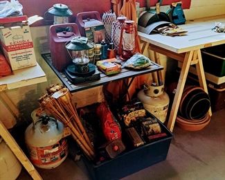 Camping lights tiki torches,lots of propane tanks, grill supplies. 