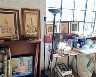 Torchieres and other lights, art, bamboo blinds, ceiling lights from the 40s on. 