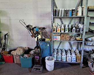 Cleaning supplies, a whole shelf full of stainless steel cleaner polish (why?), many mops, brooms, vacuums. mop heads, dusters. 