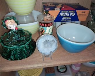 Vintage Christmas Holly Girl Trinket Box W/ Souvenir Glass, Geode, & Pyrex