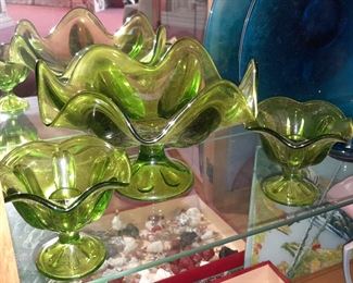 BEAUTIFUL Green Glass Compote Bowl W/ 2 Matching Candlestick Holders