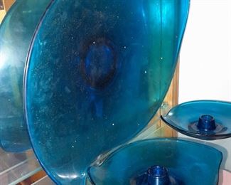 BEAUTIFUL Blue Glass Oversized Fruit Bowl W/ 2 Matching Candlestick Holders