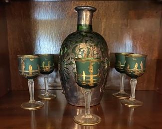 Hand Blown Venetian Crystal cordial glass Green Glod 18k Trim w/ Decanter