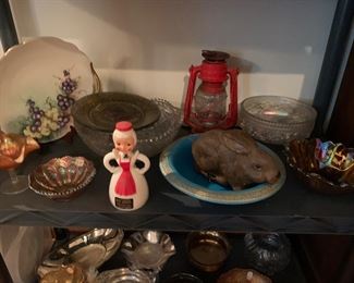 Vintage glassware, carnival glass, oil lantern