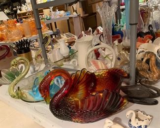 Fenton swans, oil lamps, Lenox vases