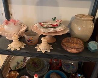 Beautiful pink milk glass pie plate, bowl, and candlesticks