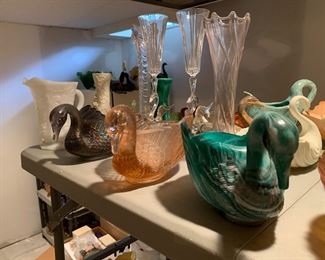 Carnival glass, Fenton, swans, vases, pitcher