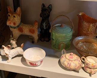 Vintage scotch terriers, tea pot with cream and sugar, carnival glass