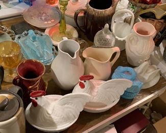 Milk glass chicken dishes, vaseline glass, pitchers, vases