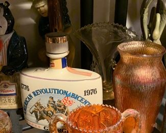 Vintage liquor bottles, carnival glass