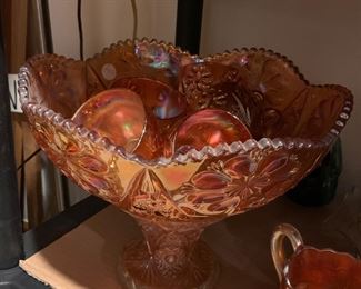 Carnival glass punch bowl and cups