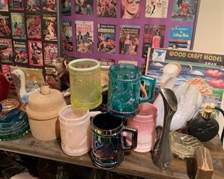 Carnival glass, vintage perfume bottle