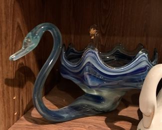 Beautiful blue swirled mid century art glass swan