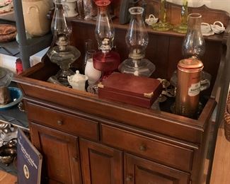 Oil lamps, dresser, vaseline glass candlesticks