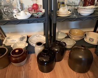 Jugs, crocks, pyrex, corning ware