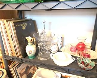 33rpm Record albums, vintage glassware