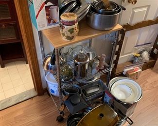 Kitchen cart with adjustable shelf, pots, pans, percolators
