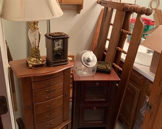 Very nice light oak jewelry box, maple bed frame, two drawer cherry cabinet