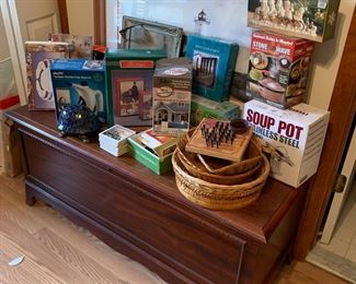 Gorgeous hope chest, kitchenware, steamer, baskets, games, art