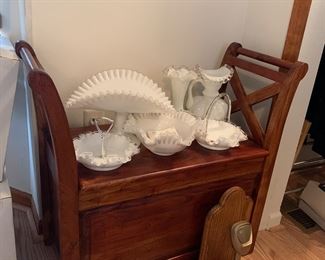 Fenton milk glass, beautiful bench