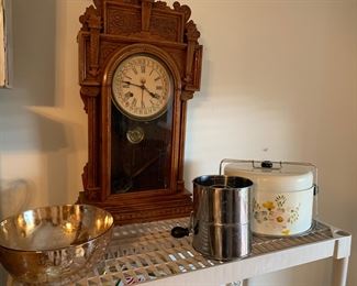 Turn of the century calendar clock, vintage kitchenware