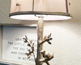 Brushed Nickle Bird in Tree Table Lamp with Acrylic Base and Button Tuck Shade