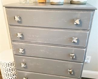Distressed Gray 5 Drawer Dresser with Mercury Glass Look Pulls
