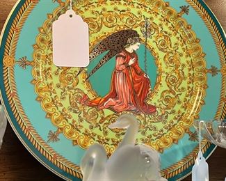 Lalique frosted swan dish and a spectacular Versace charger by Rosenthal L’Ange Gabriel 1995