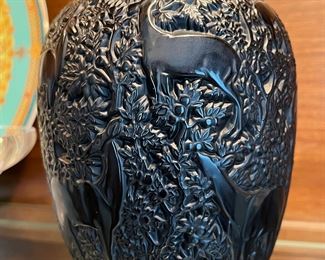 Spectacular black Lalique crystal vase with deer motif
