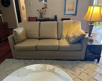 La Z Boy sleeper sofa great condition beige in color, beautiful accent rug and Asian painted table with lamp