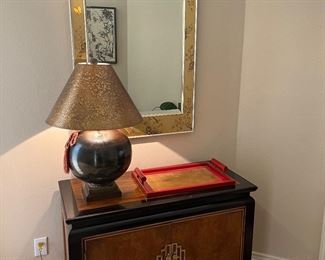 Asian table,  oriental mirror and lamp