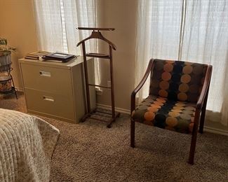 A pair of mid century modern chairs, lateral file cabinet and suit stand