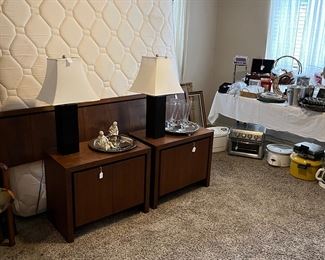 Mid century modern end tables and king size bed with mattresses and frame