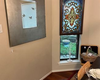 Large modern mirror, pair of framed stained glass