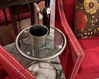 Pair of silver and glass tables and Wooden lamp on a drop leaf table