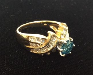 14KT GOLD & BLUE DIAMOND RING, 7.4g, SIZE 8,