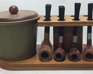 VTG. PIPE STAND w HUMIDOR & 6 PIPES