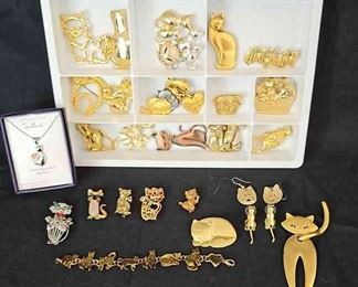 Large Collection Of Cat Themed Costume Jewelry
