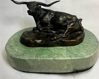 Texas Longhorn, by Charles M. Russell (1864-1926). 8" x 3.5" x 5", Marble Base. Signed/w correct foundry mark. 